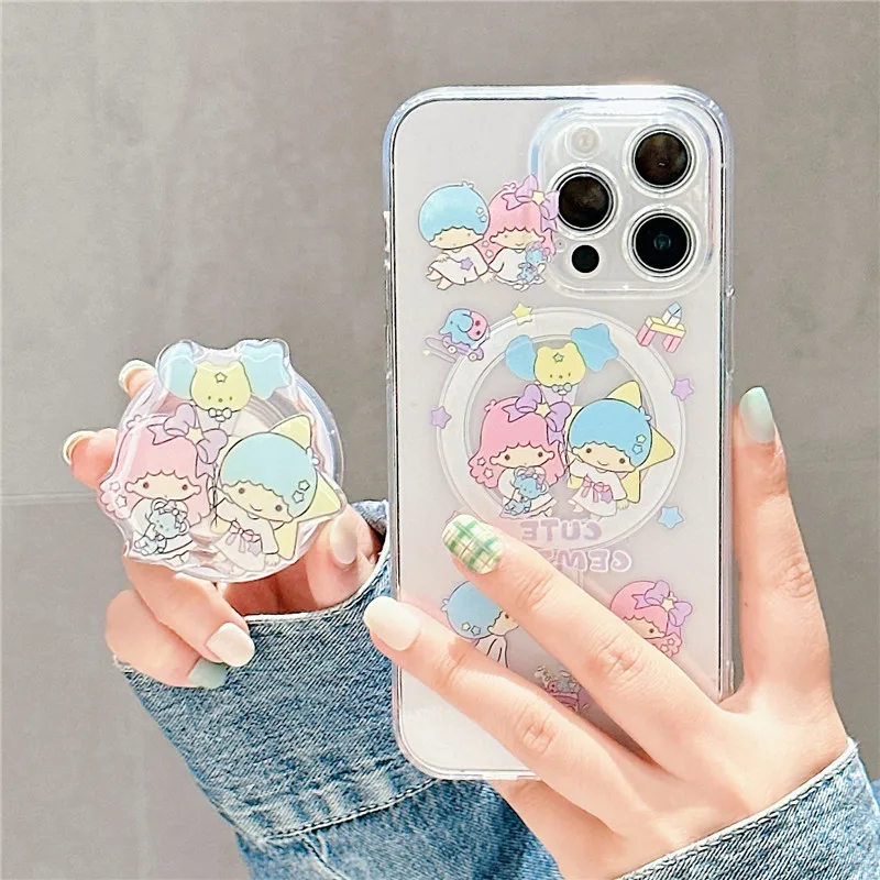 Cartoon Cute Little Twin Stars holder Magnetic Wireless Charging For Magsafe Case For iPhone 15 12 13 14 Pro Max 11 Cover