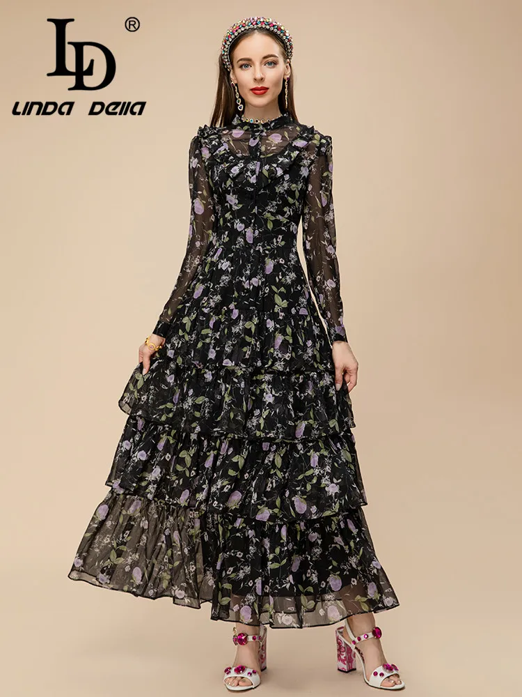 

LD LINDA DELLA 2023 Summer Runway Designer Vintage Dress Women's Long Sleeve High Waist Cascading Ruffle Splice Chiffon Dress