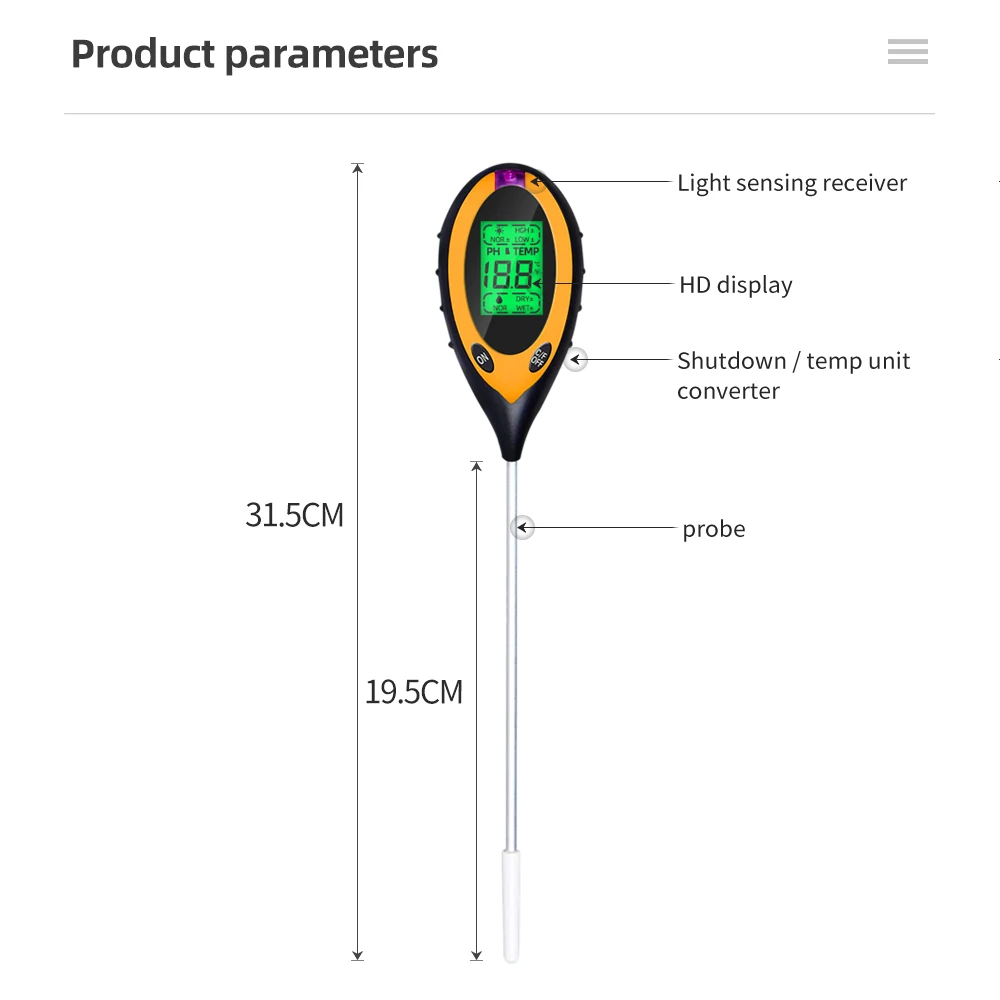 4 in 1 Home PH Meter Soil Thermometer Meter Sunlight Humidity Analyzer Soil Moisture Sensor PH Plant Tester soil Garden Tools