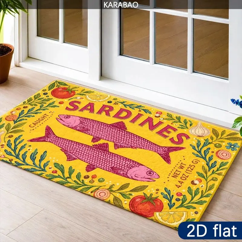 VIKAMA Sardines Doormat, Yellow Mat with Pink Fish Tomato Lemon Garlic Herbs, Funny Front Door Welcome Mat, Kitchen Entrance Rug
