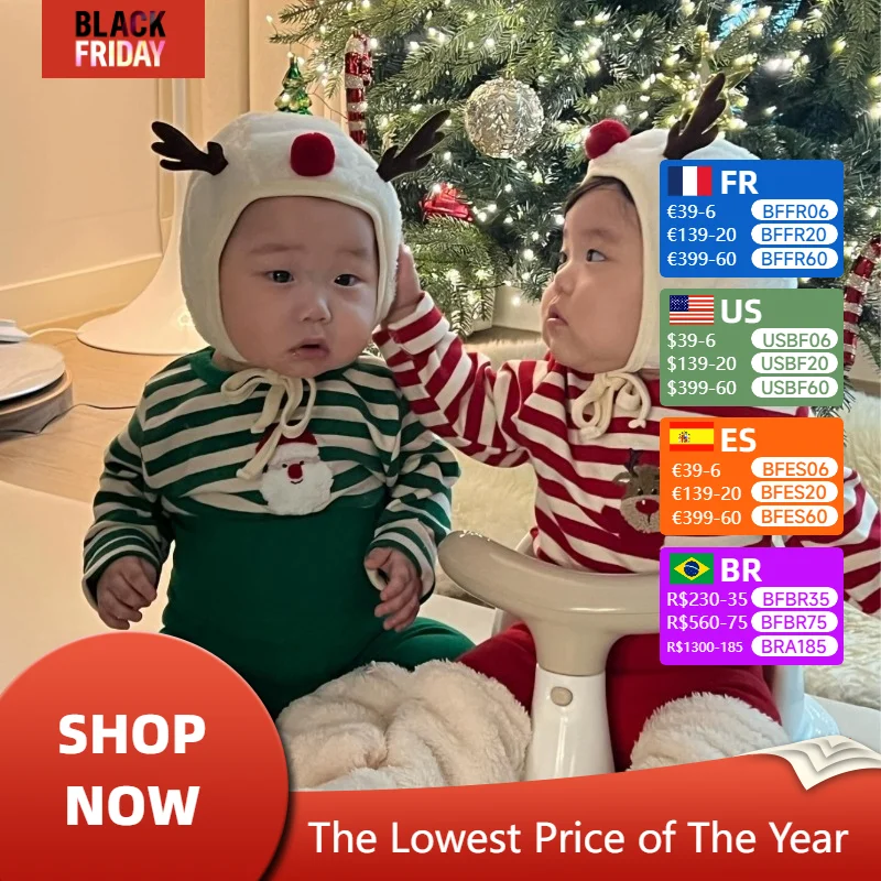 2024 Christmas Infant Baby Set Korean Children's Long Sleeve Two piece Set  Red Green Toddler  Baby Striped Top Festival Suit