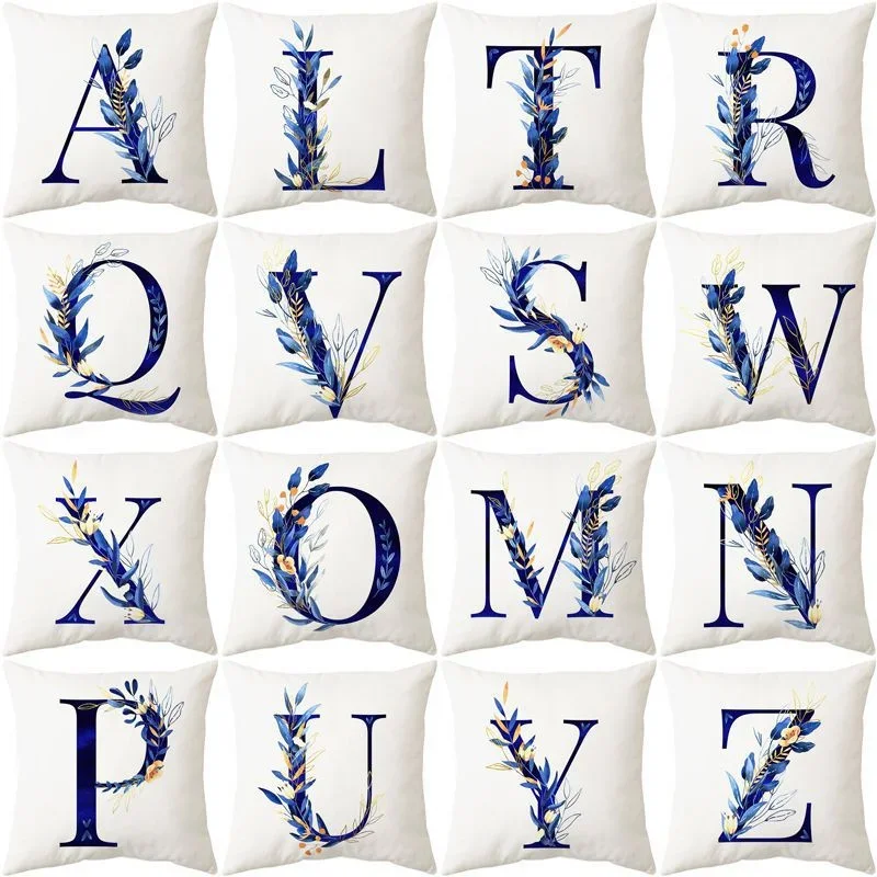 Blue Flower Letter Pillowcase Leaves Plant Tree Alphabet Cushion Cover Sofa Car Waist Throw Home Decoration 45x45cm Pillowslip