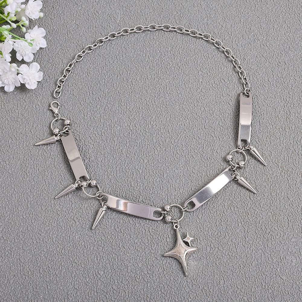 Collar Gargantilla con Colgante de Estrella Plateada con Púas Estilo Punk, Joyería de Moda Y2K Gótica con Remaches y Conos para Clavícula, Accesorio para Hombres y Mujeres