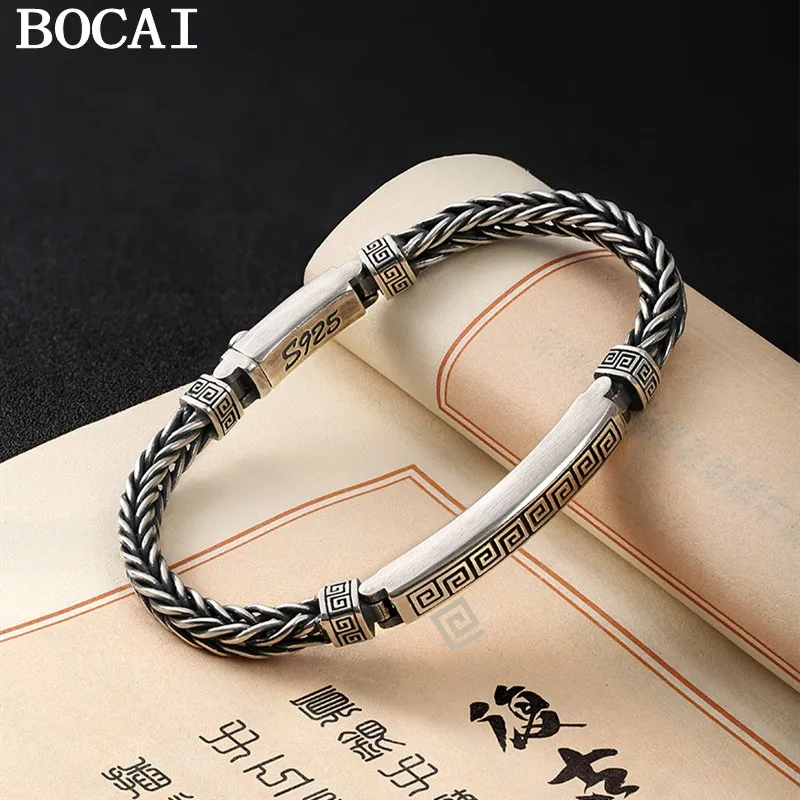

BOCAI New S925 Sterling Silver Retro Trendy Creative Personalized Handmade Embossed Pin Bracelet Men's Gift