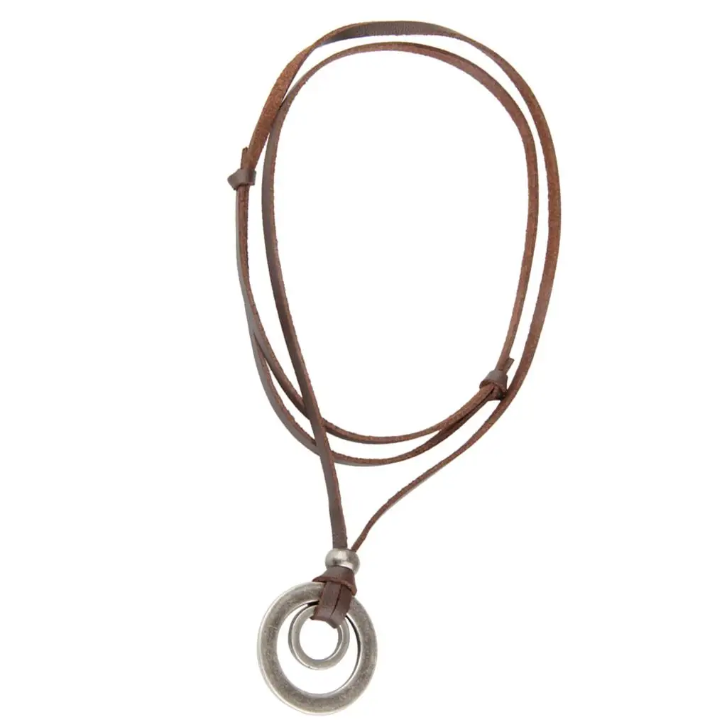 

Retro Two Ring Pendant Necklace Men’s Adjustable Leather Rope Circle Jewelry Luxury Accessory for Graduation and Birthdays