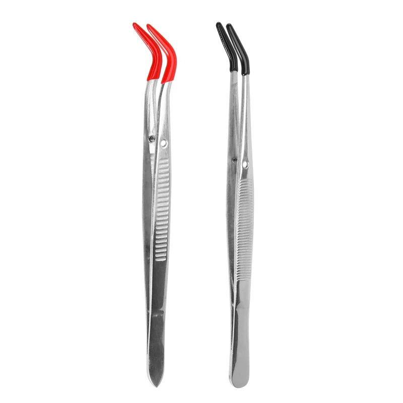 

2 PCS Tweezers Curved Bent Rubber Tip Tweezers Stainless Steel Crafts Tweezers For Lab Jewelry Making