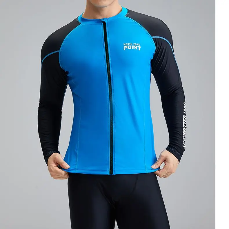 UV Swimming Shirt Mens Rashguard Plus Size 5XL Upf50+ Surf Natation Water Shirt Front Zipper Blue Diving Jacket