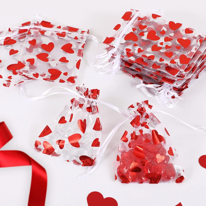 50pcs Red Love Heart Organza Bag Wedding Valentines Day Gift Candy Drawstring Bag Jewellery Display Pouches Birthday Party Decor