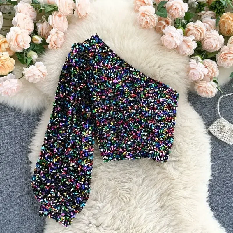 New Women Blouse Sequins Decoration Asymmetry Single Shoulder Shirts Female Nine Quarter Sleeve Roupas Leisure Blouse Chic Tops