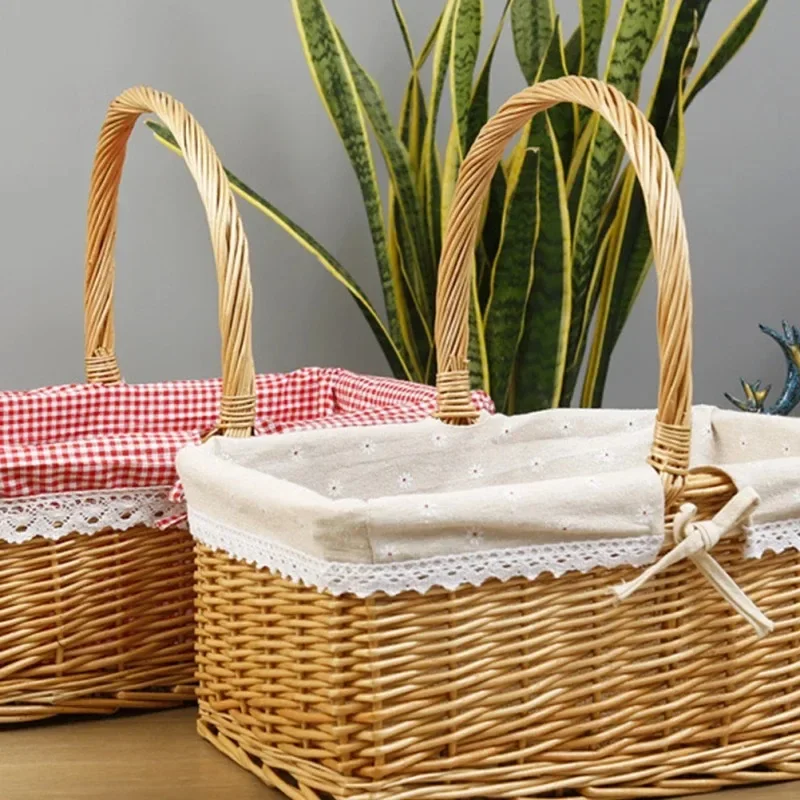 Large Capacity Wicker Rattan Picnic Basket Outdoor Camping Fruit Snack Storage Hamper House Storage Container Shopping Basket