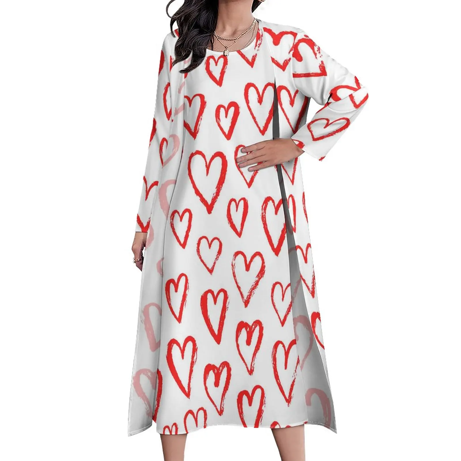 Red Heart Dress Graffiti Art Print Trendy Maxi Dress Long Sleeve Custom Bohemia Long Dresses Streetwear Oversized Clothing