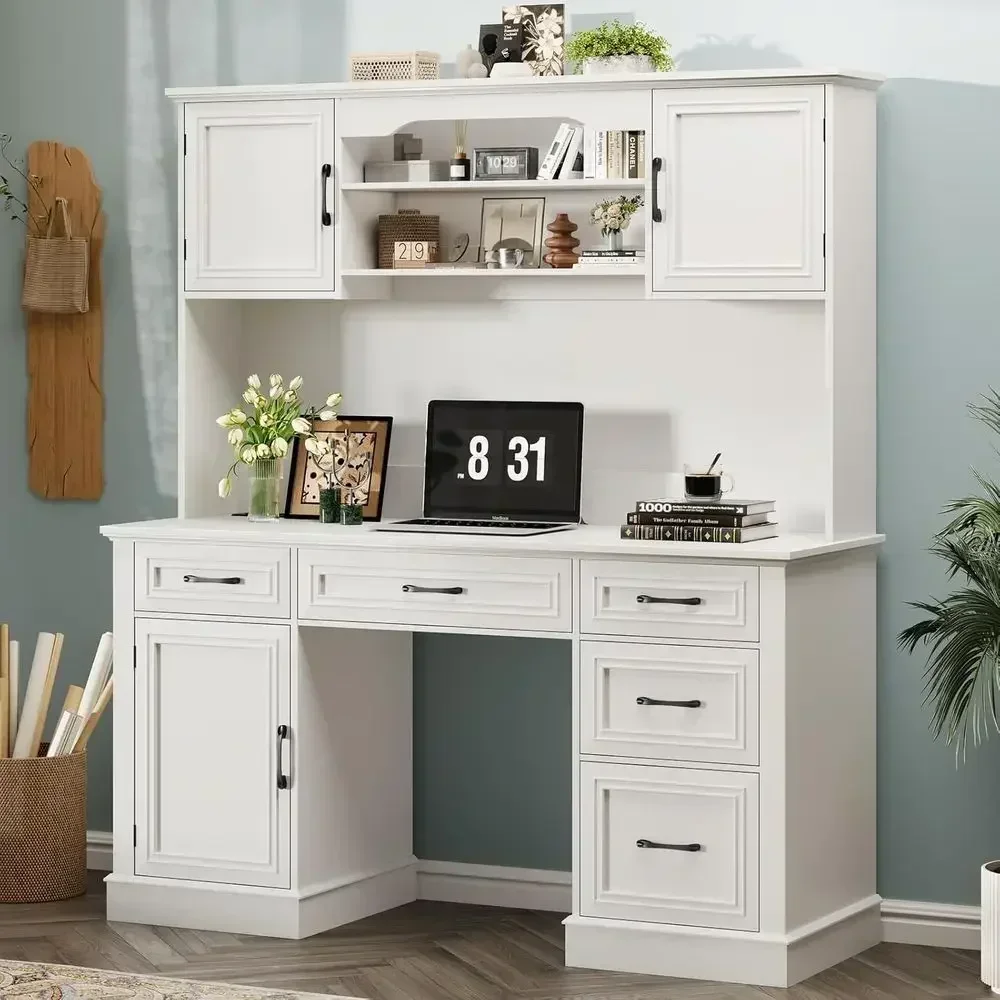 67 Executive Desk with Hutch, 5-Drawer Workstation, Storage Cabinet, and Charging Station - Perfect for Office, Computer Desk, o