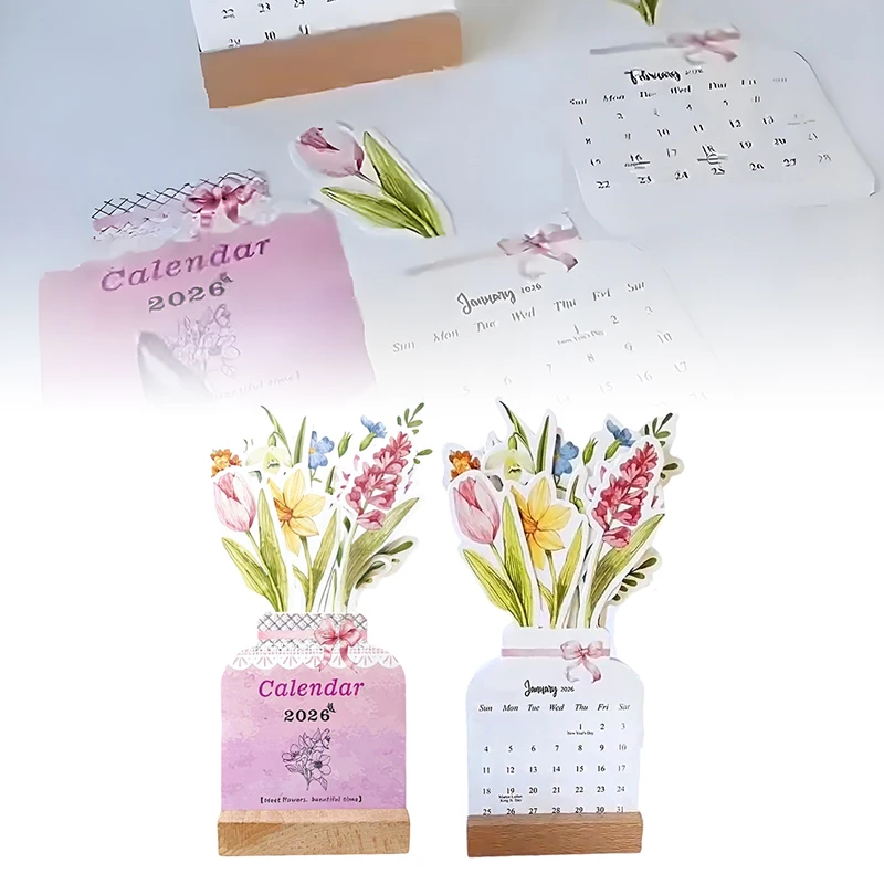 

2026 Flowers Desk Calendar Mini Calendar Standing Desk Calendar Vase-Like Desktop Monthly Planner For Home School Office