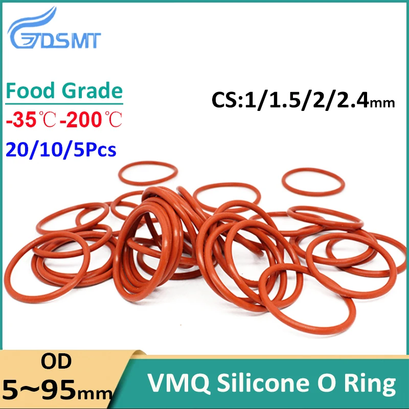 5-20Pcs CS 1mm/1.5mm/2mm/2.4mm Red VMQ Silicone Ring Gasket Food Grade Rubber O-Rings OD 5mm-80mm