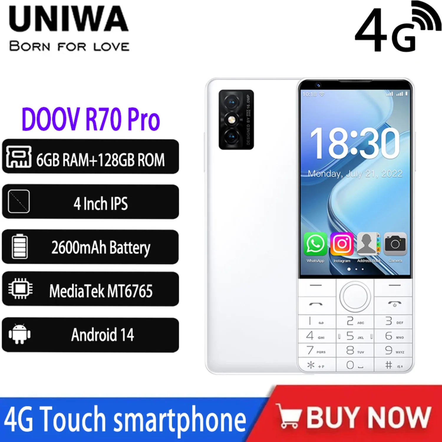 NEW DOOV R70 Pro 4GTouch Keyboard Google Android Mobile Phone 4" IPS 6GB+128GB Android14 16MP 2600mAh Whatsapp Language Keyboard