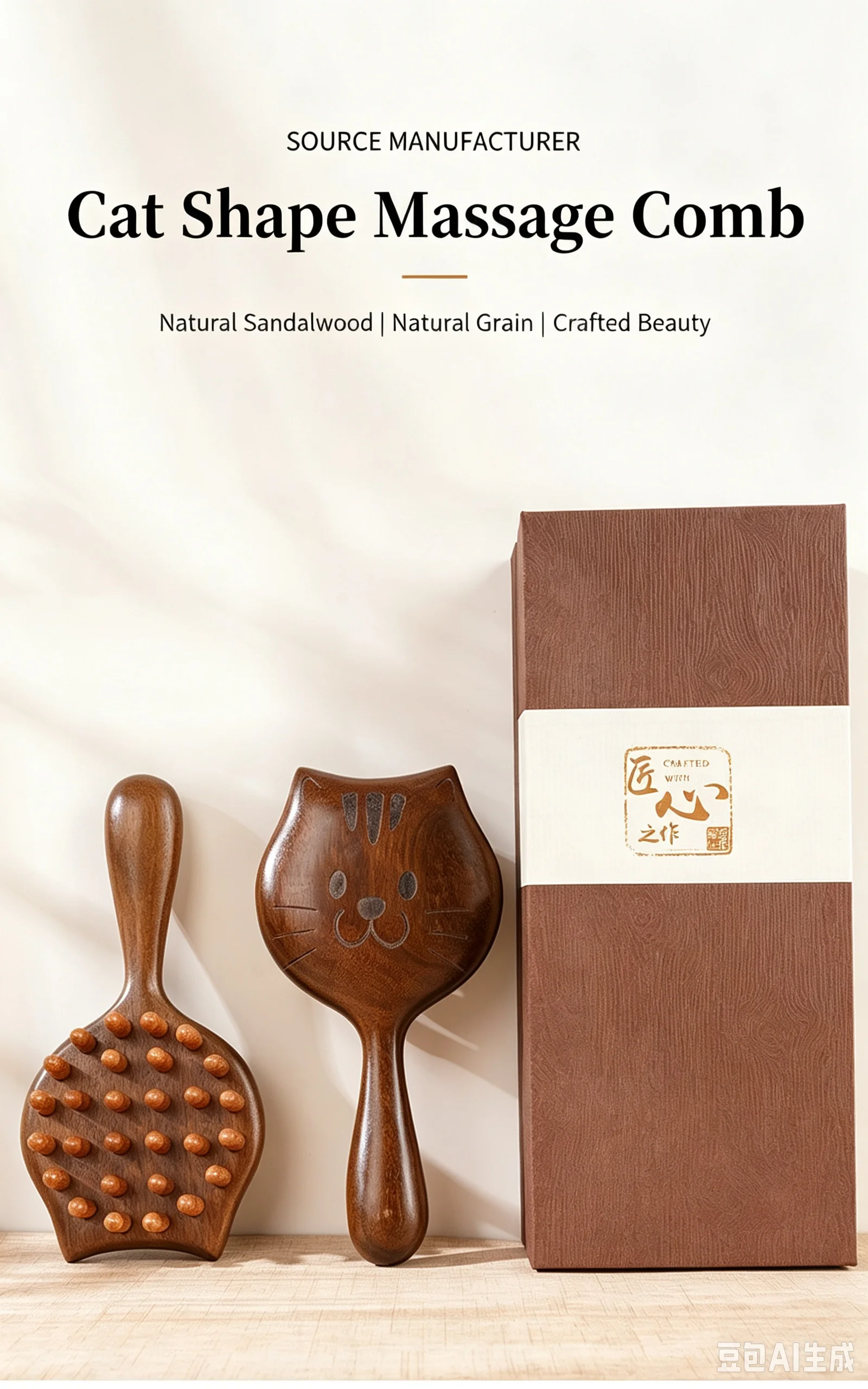 Cute Cat Shape Sandalwood Scalp Massage Comb Natural Wooden Meridian Hair Brush Gift Box Holiday Present for Girlfriend Women