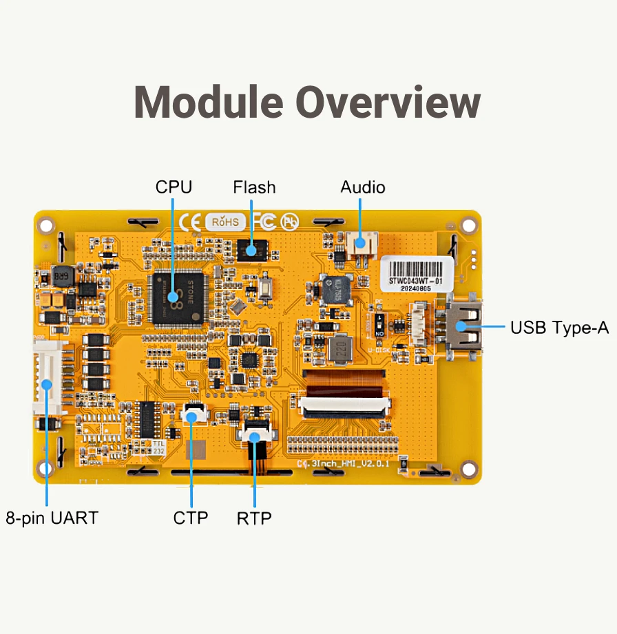 STONE C 4,3 Zoll Industriequalität TFT LCD HMI-Displaypanel Resistiver Touchscreen Cortex A8 1GHz CPU 128MB 480*272 für Arduino – Detail 2