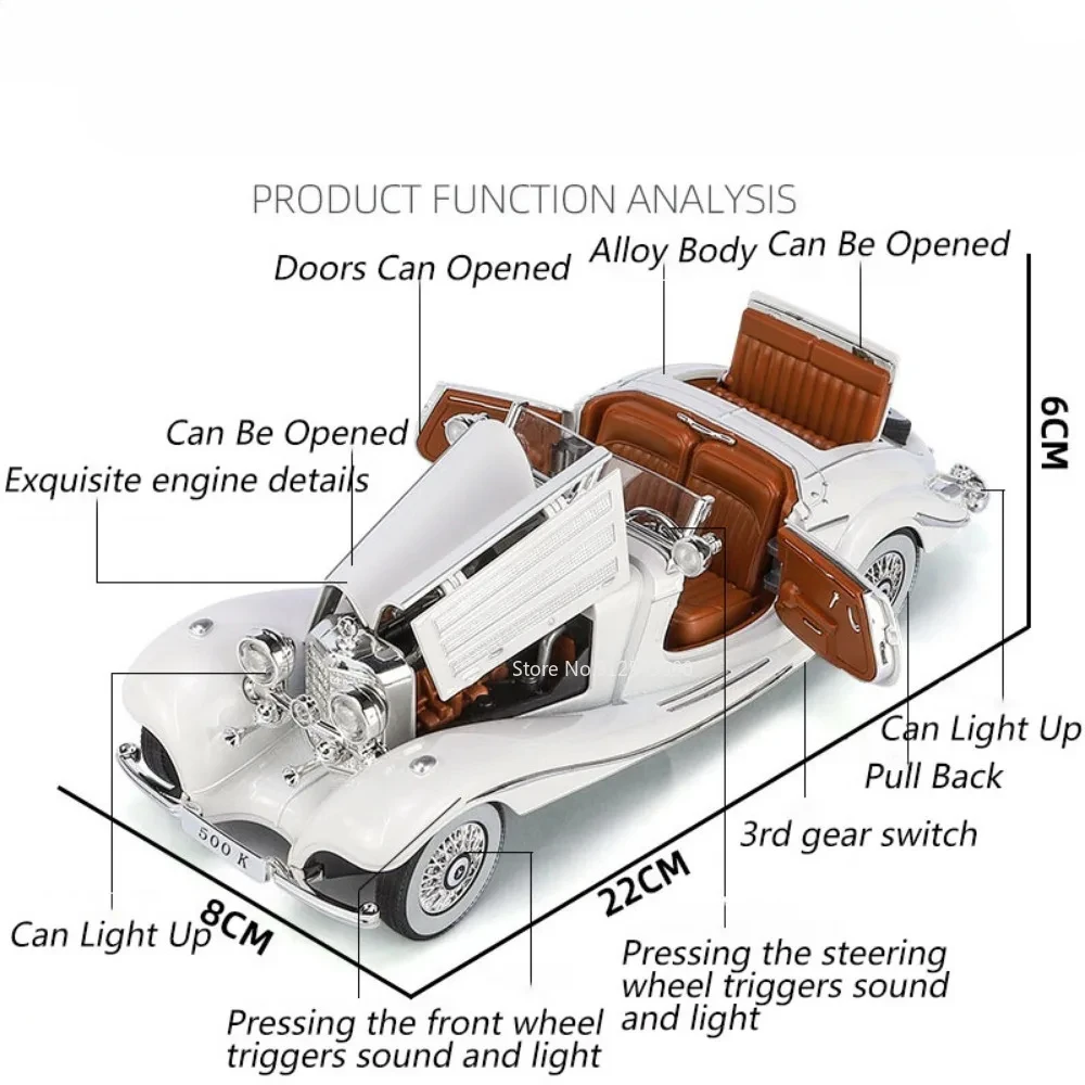 1:24 Mercedes-Benz 500K Vintage Car Toy Model Alloy Diecast Simulation Sound Light Pull Back Miniature Models Hobby Ornaments