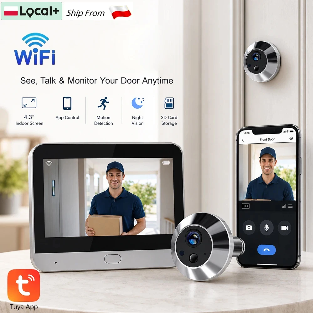 Caméra de porte intelligente 5MP avec moniteur intérieur, Wi-Fi 2,4 GHz, batterie rechargeable 5000 mAh, application Tuya Smart Life, vision nocturne, détection automatique de mouvement, audio bidirectionnel, visualisation en direct à distance, partage multi-utilisateurs pour la sécurité de la porte d'entrée d'appartement