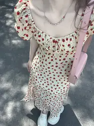 Floral Dress Female New Gentle Wind Slim Body Thin Square Collar A -line Long Skirt