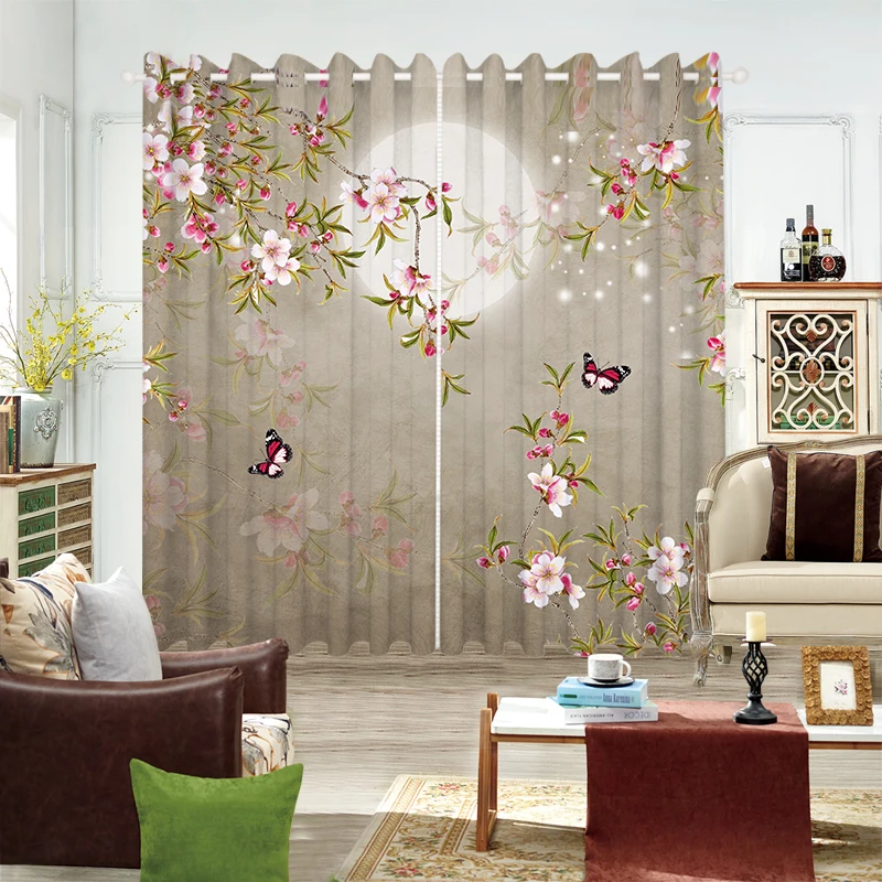 2 panel Chinese Curtain Tree Moon Flower Butterfly Bird Print Curtain for Bedroom Deluxe Living Room Floor-to-ceiling Window