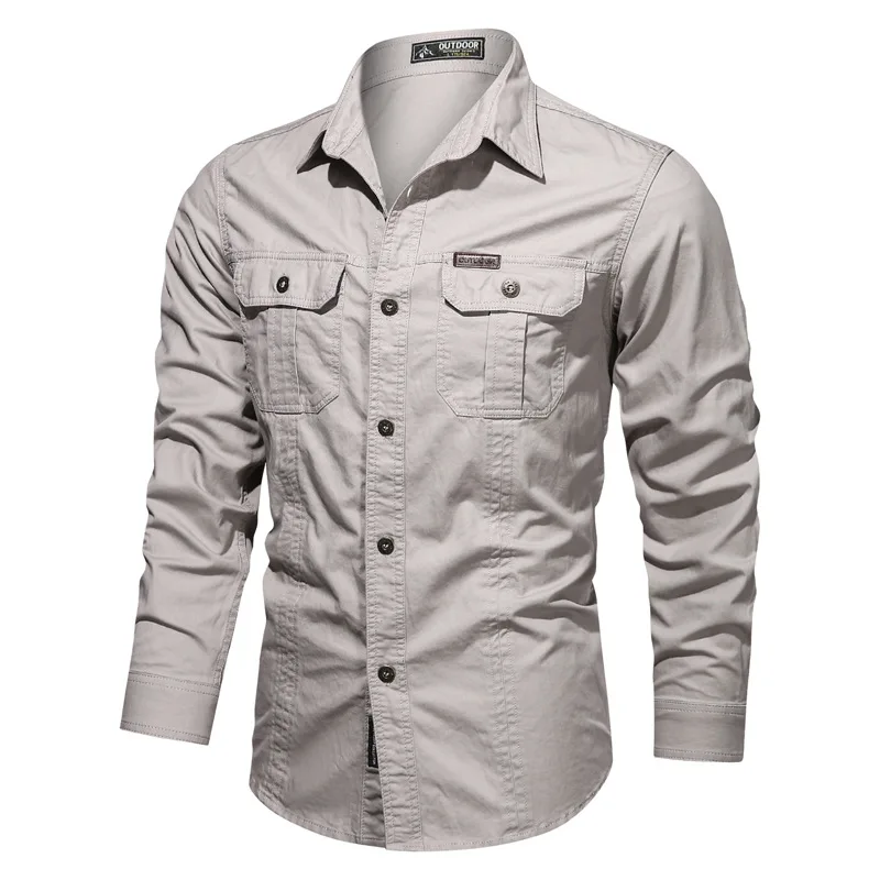 New Fashion Shirt Men's Spring and Autumn Long sleeved Solid Color Shirt Military Outdoor Shirt Large Outdoor Workwear