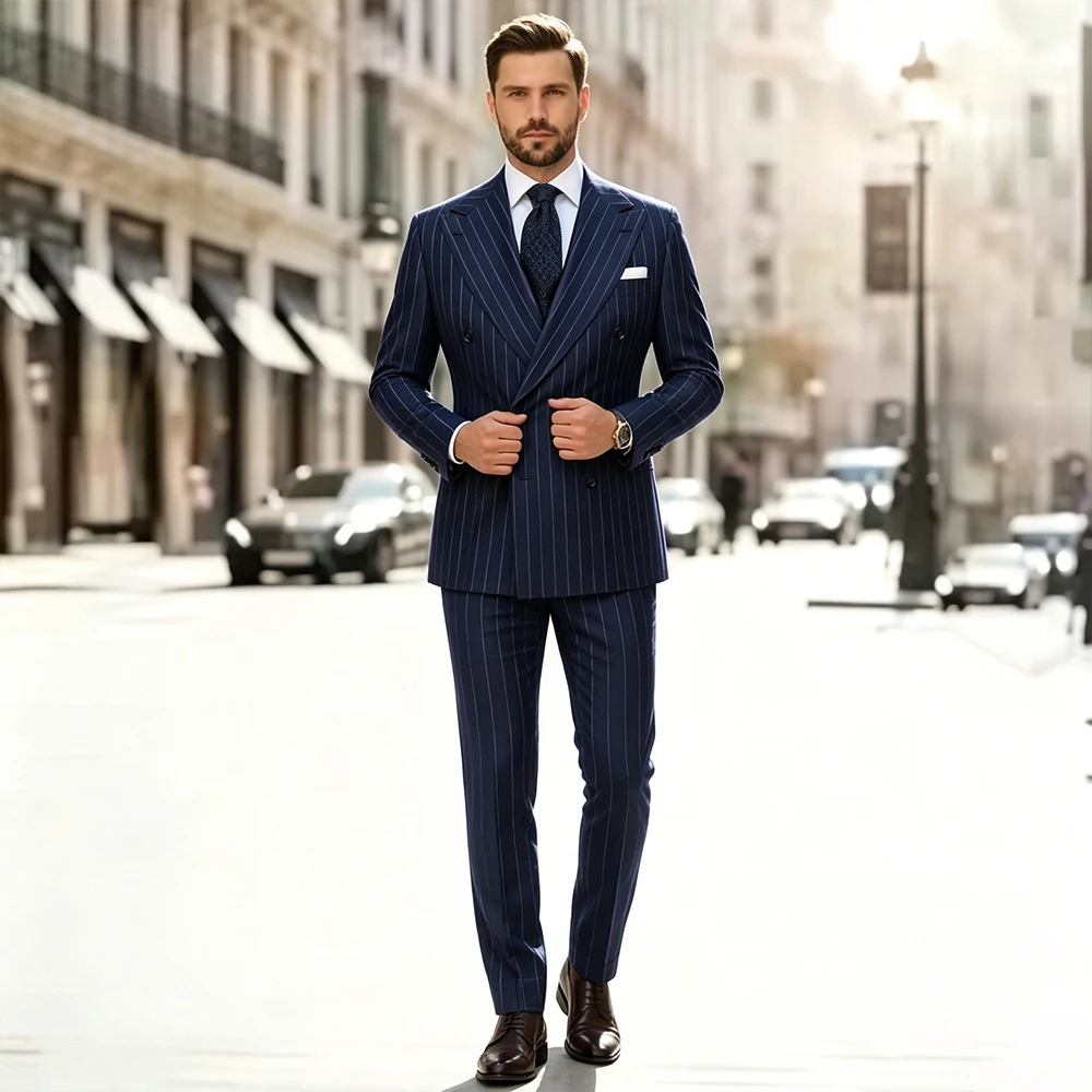 

Pinstripe Men's Suits 2 Pieces Notched Lapel Single Breasted Wedding Outfit Suit Office Business Blazer jacket+Pants Customized