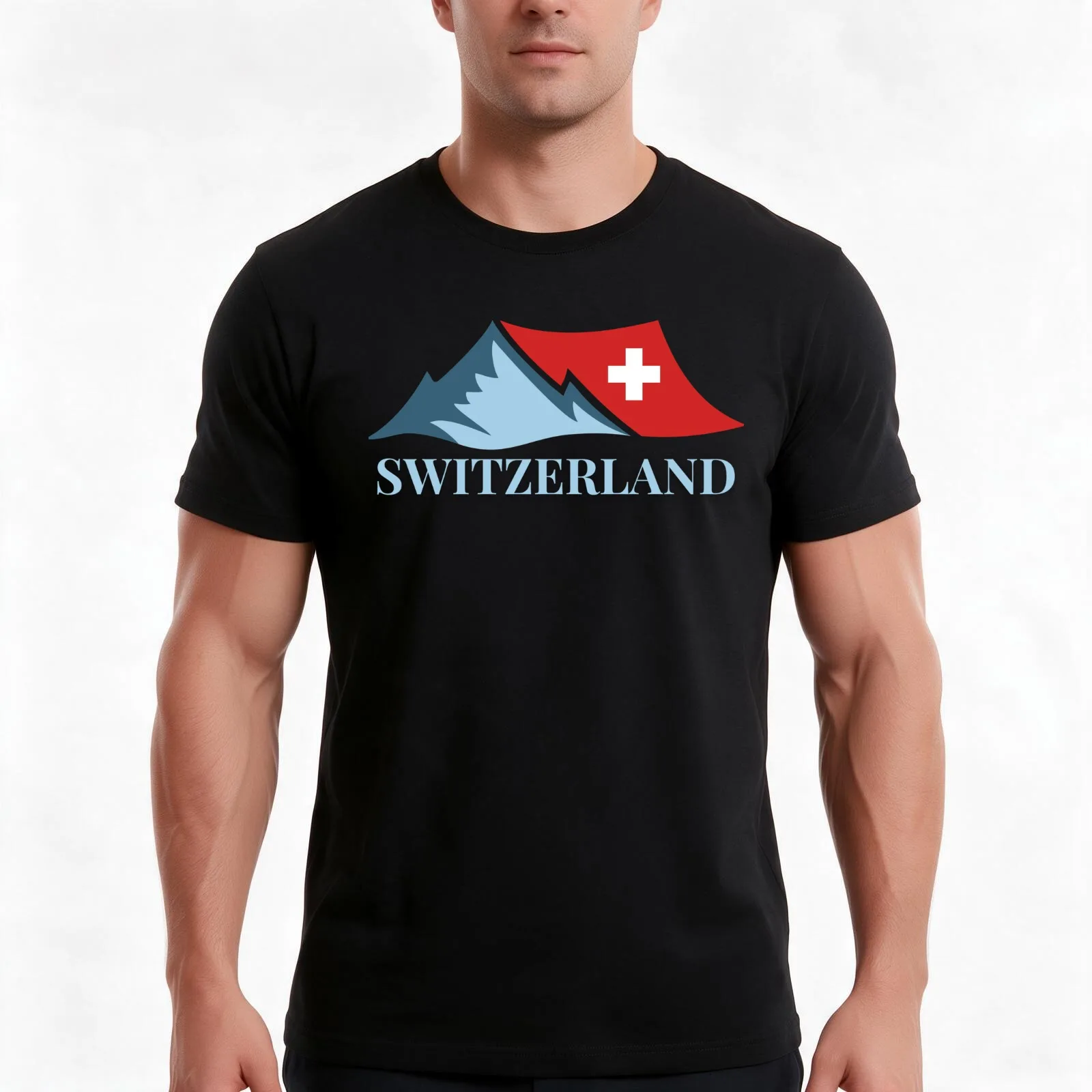 Swiss Alps with Swiss Flag - Travel T-Shirt, Summer Casual Cotton Tee, Oversized Streetwear Tops, Vintage Graphic Print