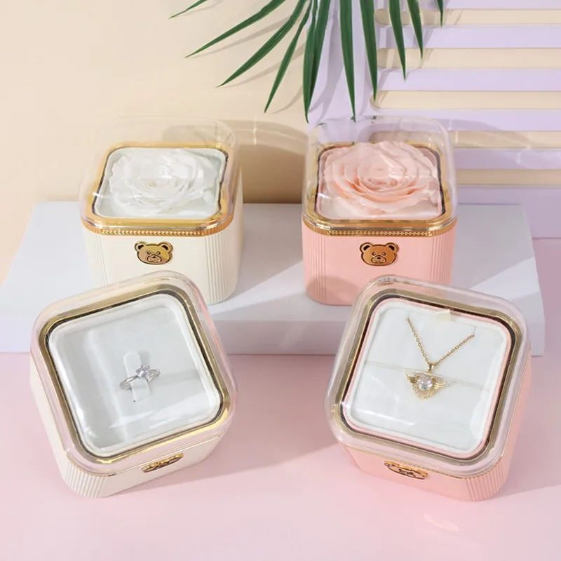 Surprise Gift Jewelry Box - Automatic Flip Rose Scented, Bear Button Plastic Spray Paint Rectangle for Her Birthday - view 4
