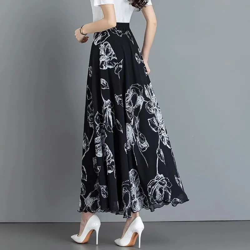 2024 Summer New Retro Black White Printed Chiffon Skirt Female High Waist A-line Long Skirt Large Flower Skirts for Women