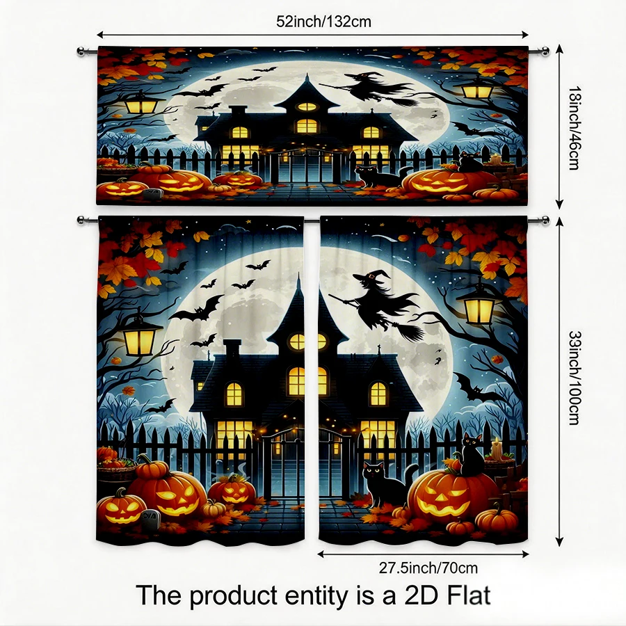 Halloween Fall Kitchen Curtains, Witch Broom Pumpkin, Digital Print, Kitchen Dining Room, Rod Pocket Polyester, Home Decor