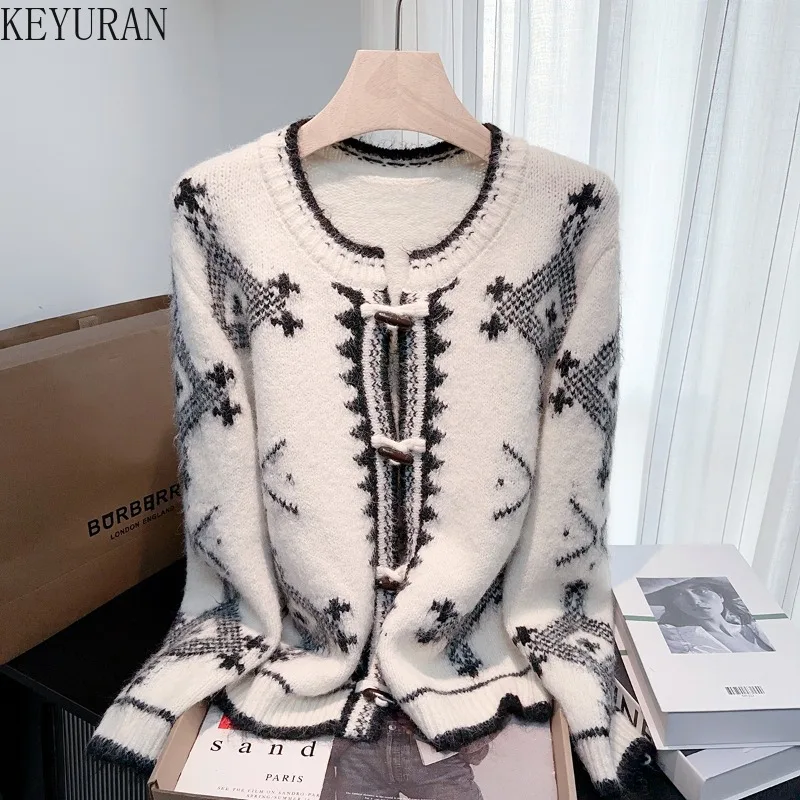 

Autumn Winter Vintage Jacquard Sweater Coat Women's Fashion Chic O-Neck Long Sleeve Soft Loose Knitted Cardigan Coat Outerwear