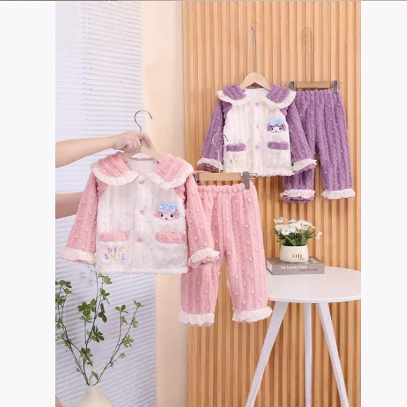 

Sanrio My Melody детский плюшевый пижамный комплект, утепленная домашняя одежда с героями мультфильмов, костюм аниме, осенне-зимняя ночная рубашка, 2 шт., милая мягкая одежда для сна