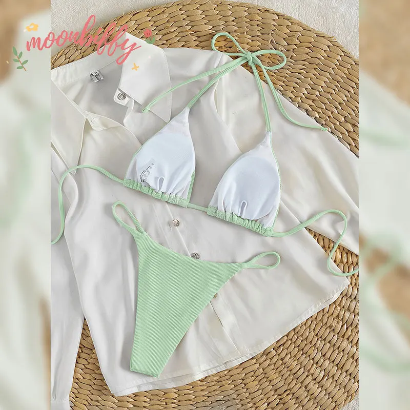 Special Pit Stripe Fabric Bikini Set Women Sexy Simple Solid Halter Bikini Swimsuit High Waisted Lace Up Beach Bathing Suit