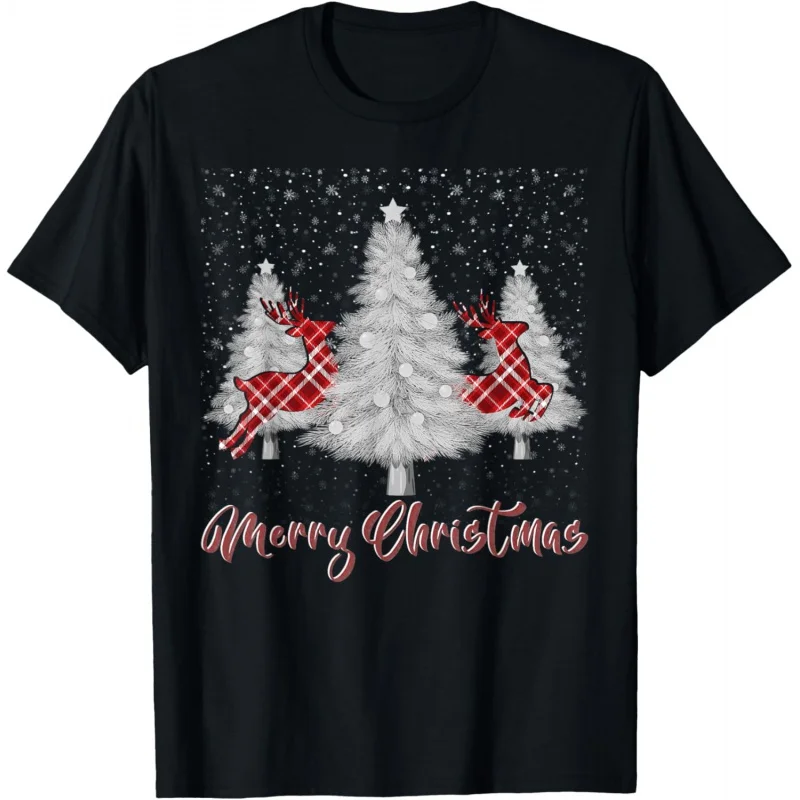 

Merry Christmas Women's Buffalo Pattern Reindeer Tree Printed Short sleeved T-shirt