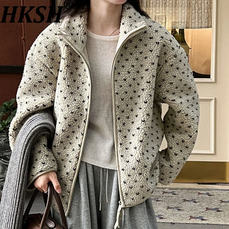 

HKSH осень-зима новая женская толстая куртка в горошек с цветными блоками воротник-стойка на молнии винтажное шикарное повседневное теплое пальто HK13888