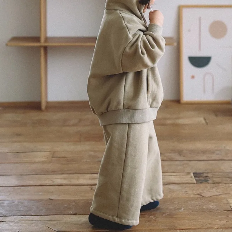 Childrens Sets Girls Spring Autumn Korean Hooded Knitting Casual Sweater Elastic WaistVersatile Coat Two Piece Set Soild