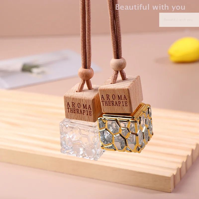 10ml Square Wooden Cap Car Perfume Bottle For Essential Oils Air Freshener Auto Ornament Car-styling Perfume Pendant