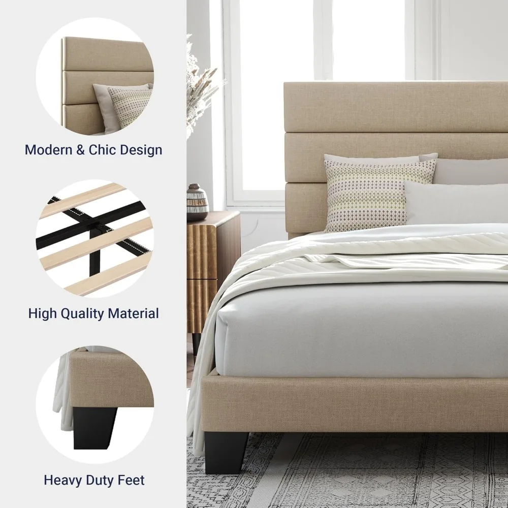 Cadre de lit plateforme queen size avec tête de lit rembourrée, support à lattes en bois, aucun sommier tapissier nécessaire, assemblage facile en beige