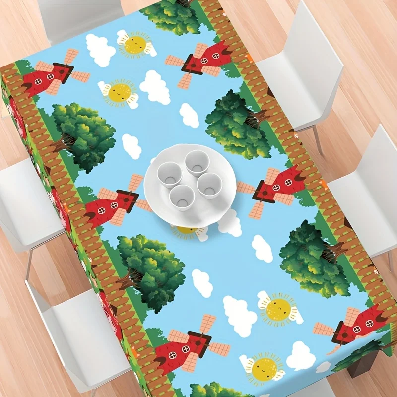 1pc, Red House Farm Animals Tablecloth, Farmland Theme PE Tablecover, 51.18 X 86.61inch Farm Theme Birthday Party Decor, Baby Sh