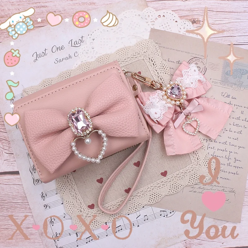 Portafoglio Lolita giapponese dolce e carino fatto a mano giapponese Portafoglio morbido con fiocco in strass in pizzo per ragazza Portafoglio di grande capacità per donna