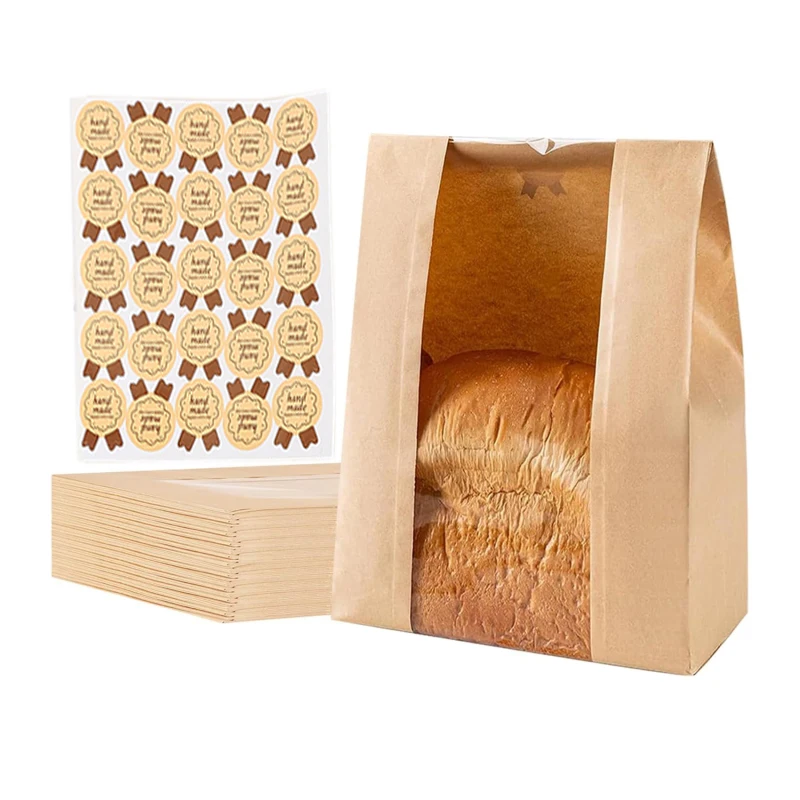 25pcs large paper bread bags with windows for packaging and storage of baked goods, including label sealing stickers