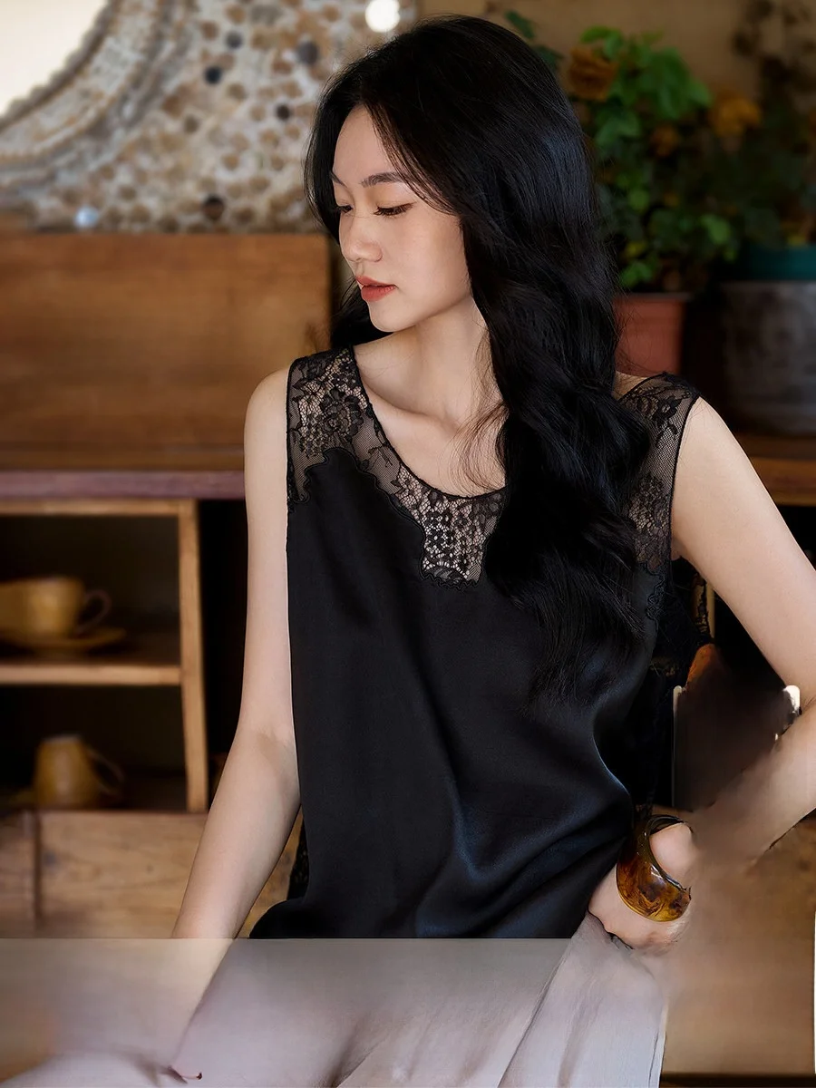 

Шелковый кружевной жилет XiaoHanGe для женщин: V-образный вырез, без рукавов, с лоскутным узором, дышащий, повседневный, модный, прямого кроя, весенне-летний топ