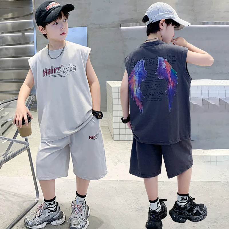 Elegant Child Cotton Summer Suit for Boy Back Wing Print Sleeveless Tshirt + Shorts 2PCS Clothing Set Kids Fashion Street Outfit