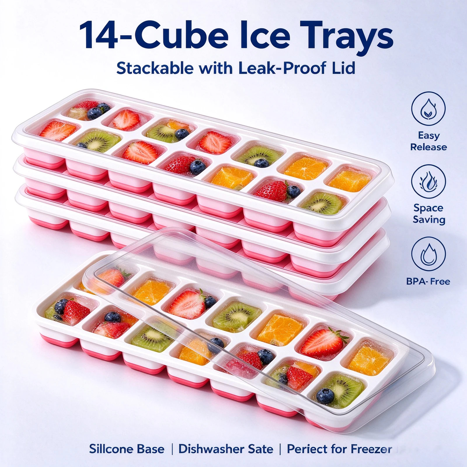 14‑Cavity Silicone Ice Cube Tray with Lid Easy Twist Release Stackable Ice Mold Ice Maker for Freezer, Drinks Fruit Ice Making