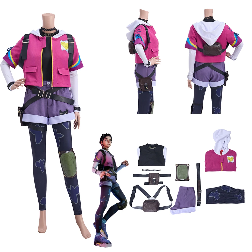 Game Valor-ant Clove Cosplay Costume Fighting Suit Pink Hoodie With Shorts Belt Bag Accessories Women Clove Halloween Outfit