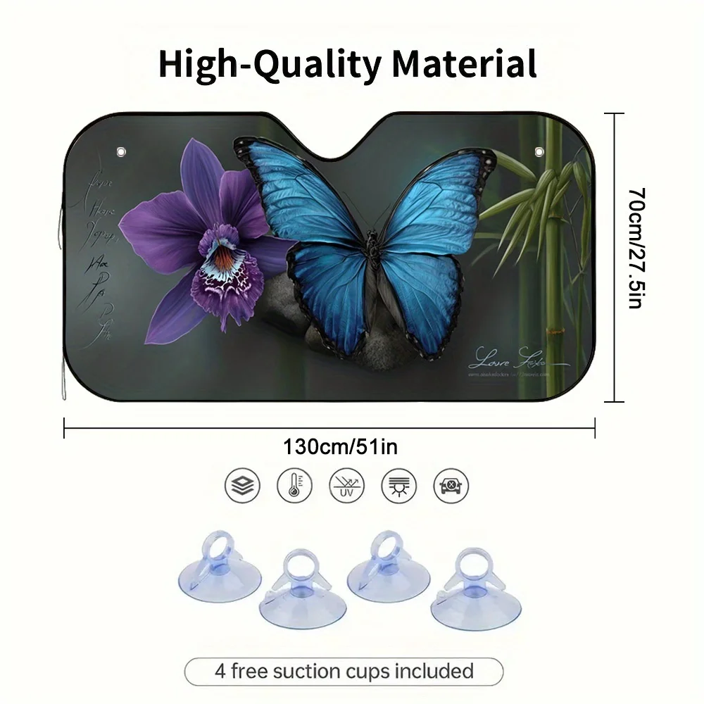 1pc 2D Flat Blue Beauty Blossom Print Car Sunshade - Stylish Design, Keeps Your Car Cool, Includes 4 Suction Cups For Easy Insta