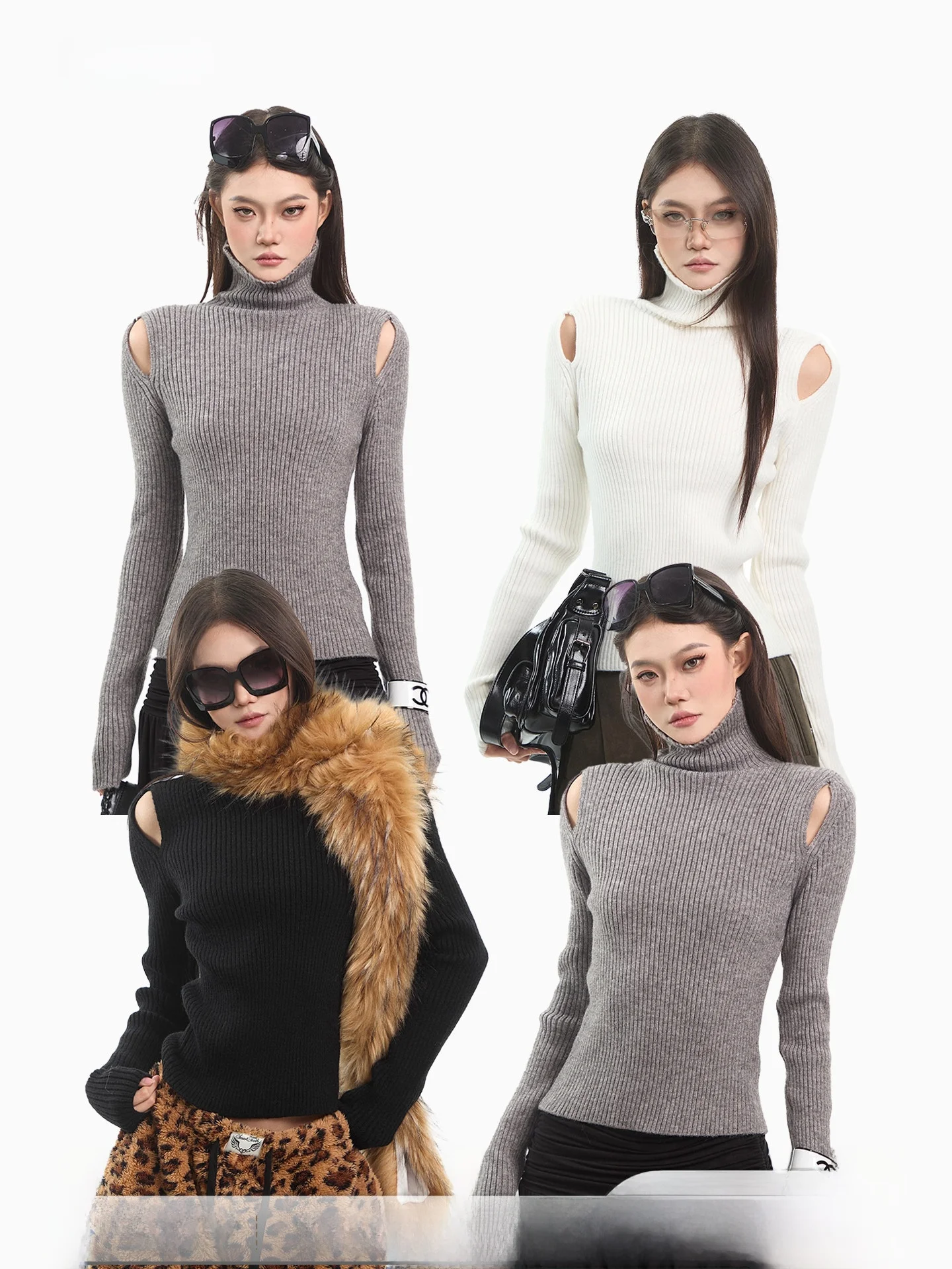 

CCUP SPACE Korean Sle High Collar Knitted Sweater Women's Fitted Warm oulder Bared Long Sve Winter Top