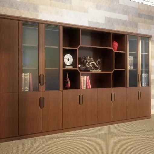 Wood grain administrative office filing cabinets with tempered glass doors, with open display stands and lockable lower storage