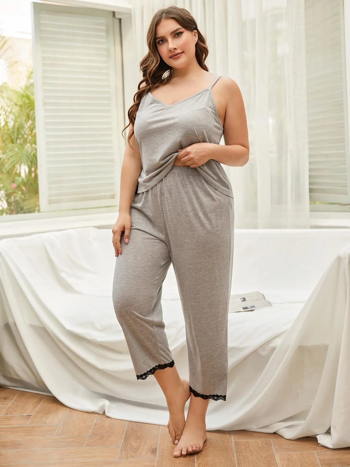 Summer Plus Size Women\'s Pajamas Set Luxury V Neck Sexy Sleepwear Sling Top Nightwear Home Clothes Suit Femme Cloth Lace Edge